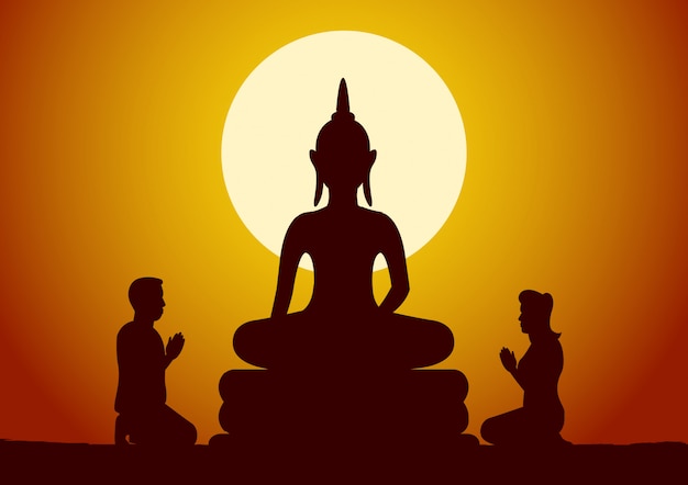 Premium Vector | Buddhist woman and man pay respect to buddha sculpture