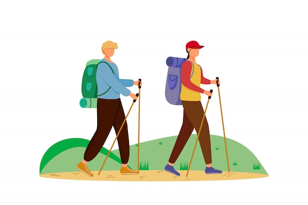 予算観光フラットイラスト ハイキング活動 安い旅行の選択 アクティブな休暇 山旅行のカップル 白い背景の上のウォーキングツアー分離の漫画のキャラクター プレミアムベクター