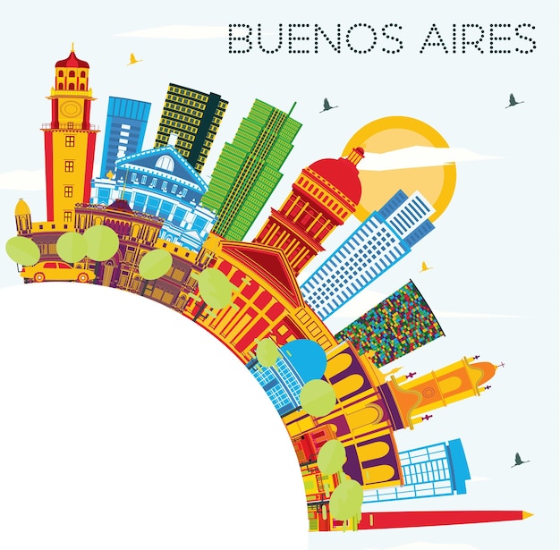 Premium Vector Buenos aires skyline with color landmarks, blue sky
