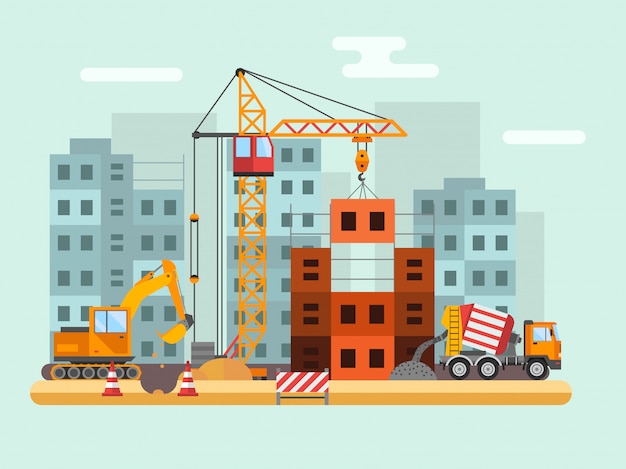 Building under construction, workers and construction technical vector illustration Premium Vector