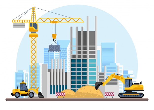Building work process with houses and construction machines. Premium Vector
