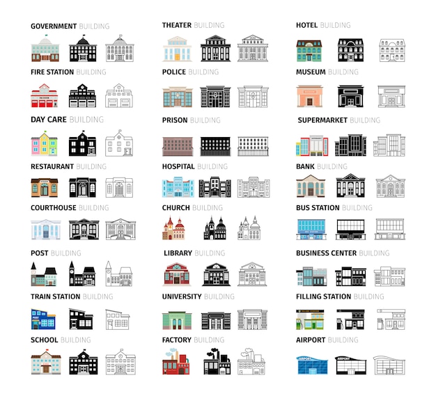 Buildings cartoon set | Premium Vector