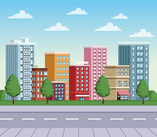 Buildings cityscape with road urban scene | Premium Vector