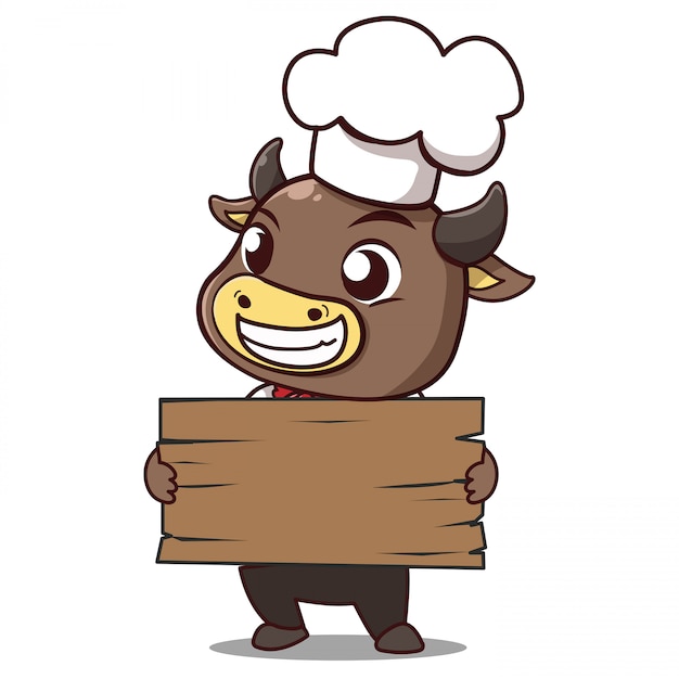 Bull chef holds a sign with space to put your message down. Premium Vector