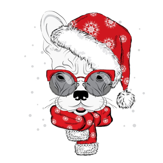 クリスマス帽子とサングラスのブルドッグ カードやポスターのイラスト 服に印刷します 可愛い子犬 血統犬 冬休み 正月とクリスマス プレミアムベクター