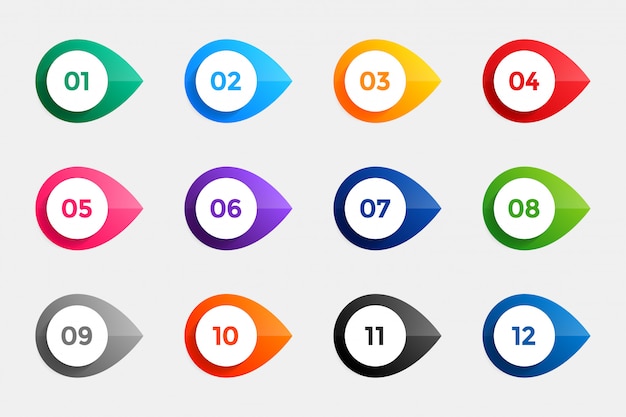 Bullet points from one to twelve in many colors Free Vector