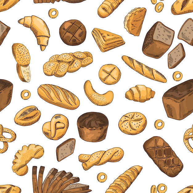 パン ベーグル バゲット その他のベーカリー食品 レトロなスタイルでシームレスなパターンベクトル 小麦パンのシームレスなパターン背景イラスト プレミアムベクター