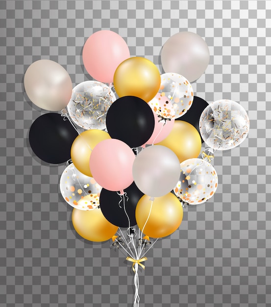 銀 ピンク 黒 金の束が空気中で分離されたヘリウム風船 イベント用のフロストパーティ風船 誕生日 記念日 お祝いのパーティーの装飾 透明バルーンを輝かせます プレミアムベクター