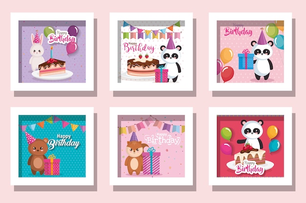 Premium Vector | Bundle of cards happy birthday with cute animals