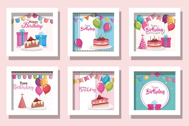 Premium Vector | Bundle of cards happy birthday with delicious food and ...