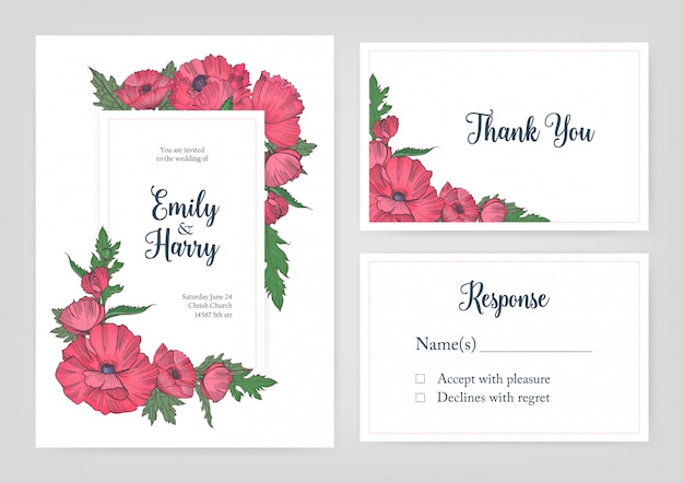 結婚式の招待状 応答カードのエレガントなテンプレートのバンドルと白い背景とテキストのための場所に描かれたピンクの咲くケシの花の手でお礼状 花のイラスト プレミアムベクター