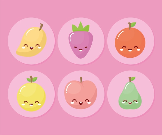 ピンクのイラストデザインに笑顔でかわいい果物の束 プレミアムベクター