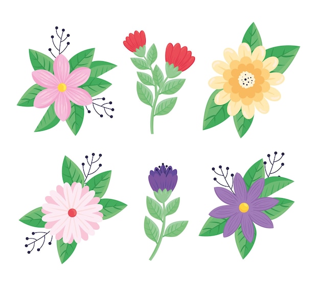 6つの美しさの花の束春シーズンセットアイコンイラスト プレミアムベクター