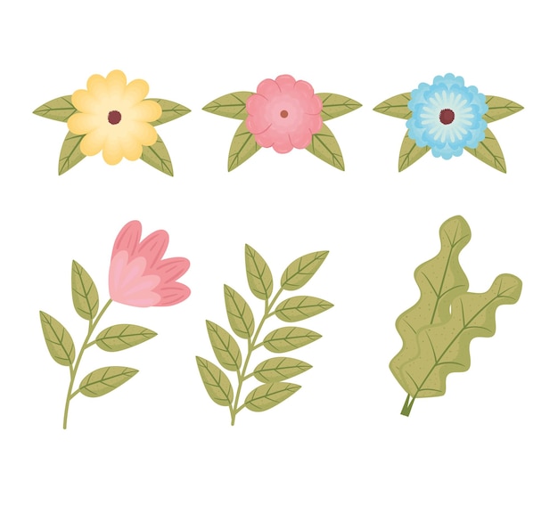 6つの花と葉の束の色の装飾イラスト プレミアムベクター