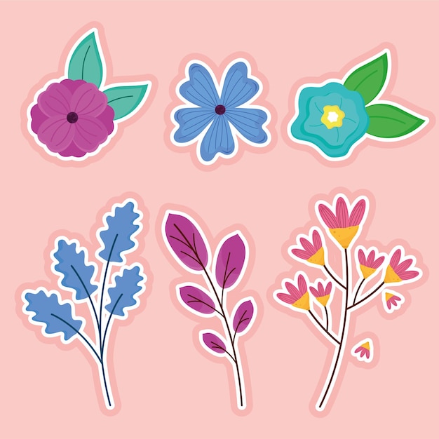 6つの春の花と葉のイラストの束 プレミアムベクター