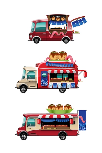 Free Vector Bundle Set Of Food Truck With Takoyaki Shop Japanese Snack With And Model On Top Of Car Drawing Style Flat Illustration On White Background