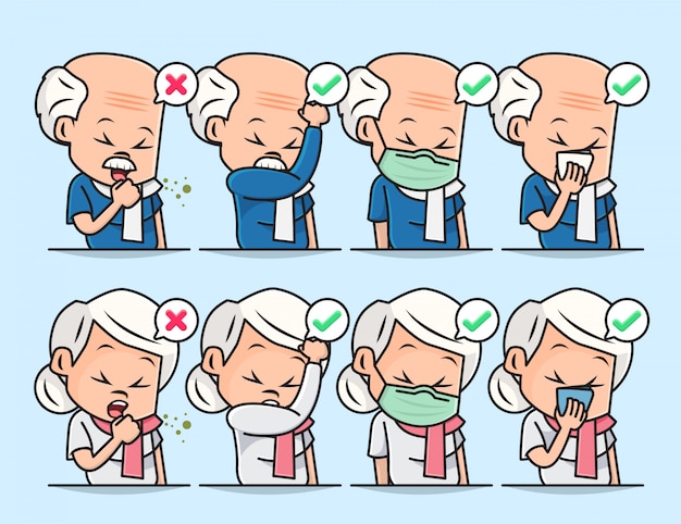 おじいちゃんとおばあちゃんのキャラクターのセットセットは 咳やくしゃみをするときに口を覆う適切な方法があります プレミアムベクター