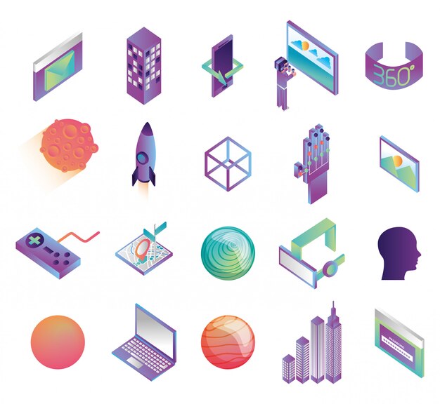 Bundle of virtual reality technology icons Free Vector