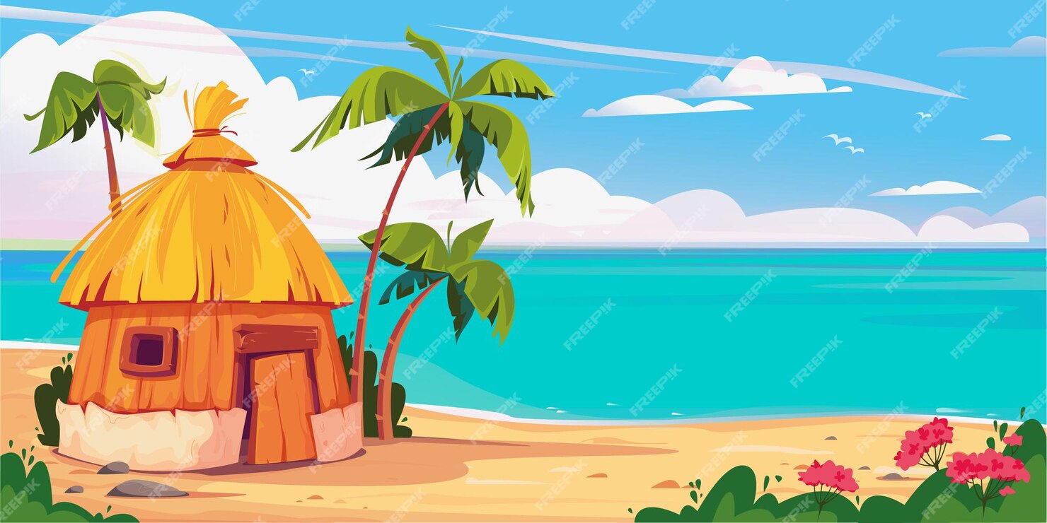 Premium Vector | Bungalow on maldives island with palm trees and ...