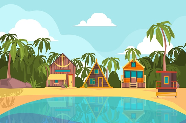バンガローシーサイド 熱帯の小さな家オーシャンホテルの楽園の背景を持つ夏のビーチ 海夏バンガロー 熱帯の海辺の楽園イラスト プレミアムベクター
