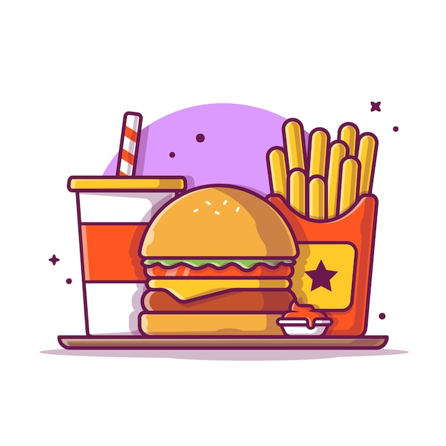 Burger with french fries and soda icon illustration. fast food icon ...