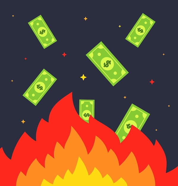 火でお金を燃やす 紙幣が火の中に飛び込みます フラットベクトルイラスト プレミアムベクター
