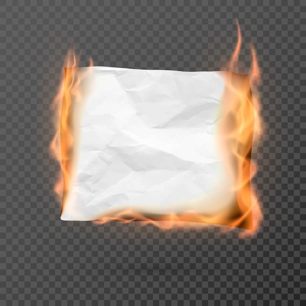 コピースペースでしわくちゃの紙を燃やす しわくちゃの紙の空白 火の中でしわのある紙の質感 プレミアムベクター