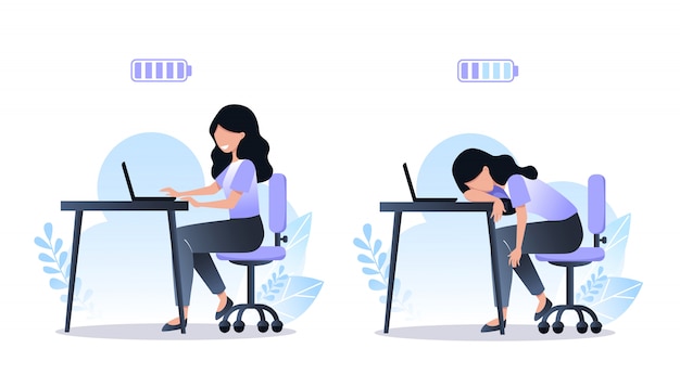 Premium Vector Burnout Concept Happy Woman Worker And Tired Full And Discharged Battery 