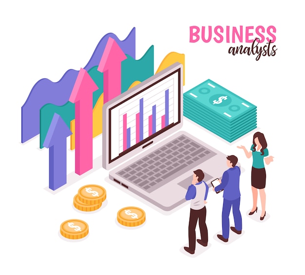 Business analyst composition with data diagrams and statistics isometric Free Vector
