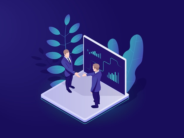 Business automated analytic system isometric icon, businessman hold a meeting Free Vector
