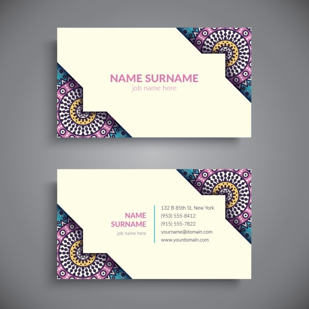 Business card decorated with colorful\
mandalas