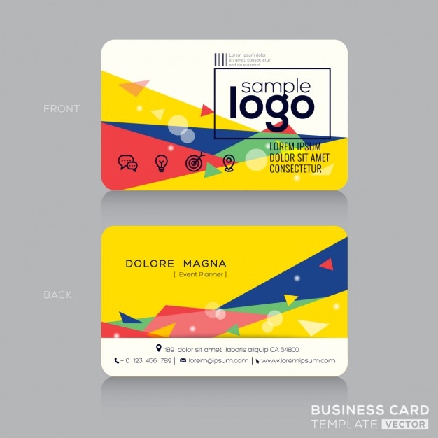 Business card decorated with triangles and\
icons