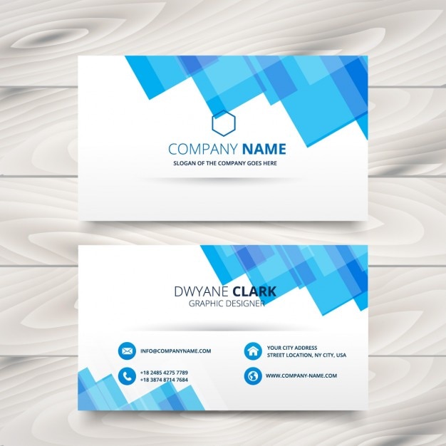 Business card with blue geometrical\
shapes
