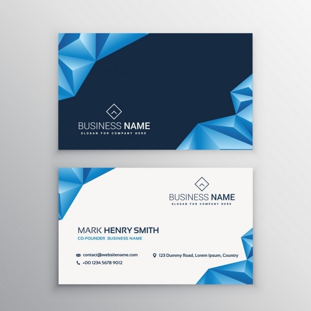 Business card with blue polygonal shapes