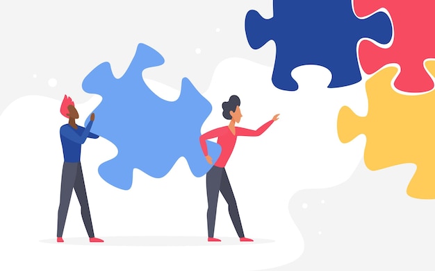 Premium Vector Business Challenge Teamwork Two Man Characters Holding Big Jigsaw Puzzle Piece Together