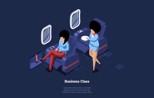 ビジネスクラスのイラスト 飛行中の飛行機内のキャラクターと等尺性の構成 プレミアムベクター ビジネスクラスのイラスト 飛行中の飛行機内のキャラクターと等尺性の構成 プレミアムベクター