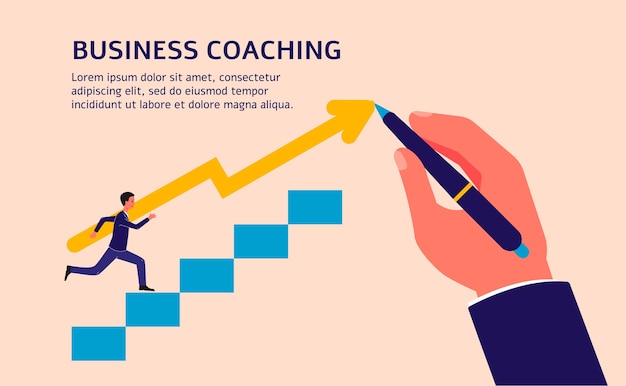 ビジネスマンの漫画のキャラクターが階段を登り コーチの手 背景のイラストで成功に導いたビジネスコーチングバナーテンプレート プレミアムベクター