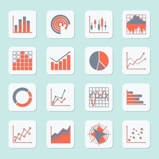 Business elements progress growth trends charts diagrams and graphs icons set isolated Free Vector
