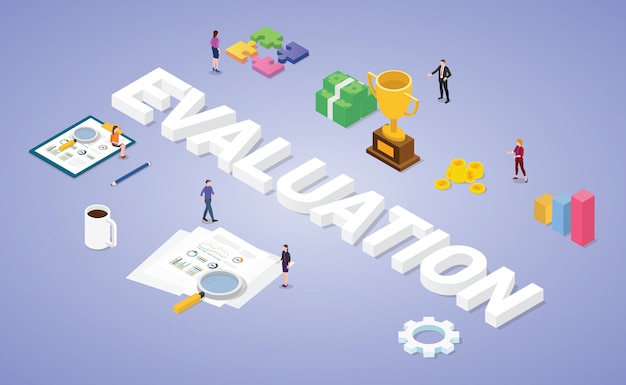 Business evaluation concept with team people analysis data graph and financial report with isometric modern flat style Premium Vector