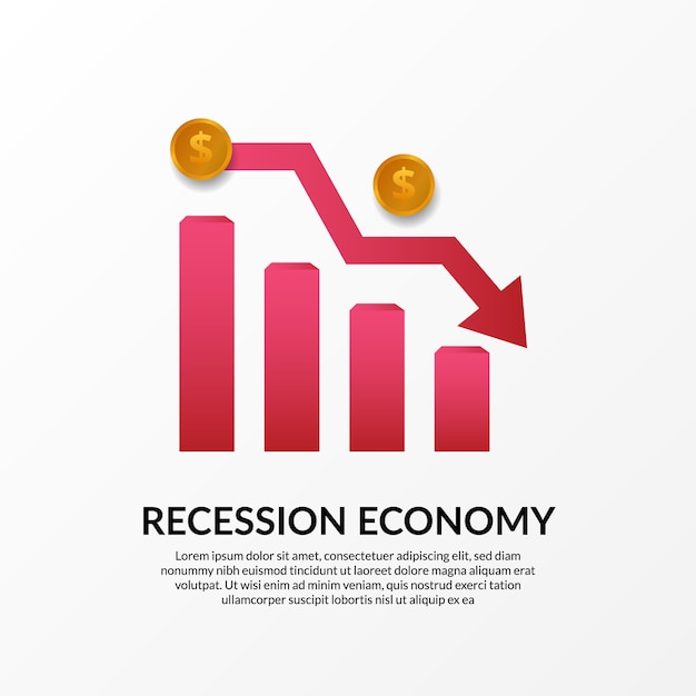 ビジネス金融危機 世界経済の不況 インフレと破産 赤いグラフ 黄金のお金 弱気の矢印のイラスト プレミアムベクター