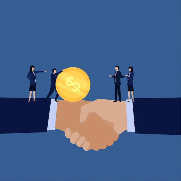 Business flat handshake and manager send money to other metaphor of profit sharing. Premium Vector