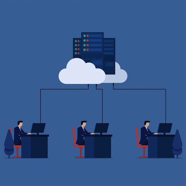 Business flat vector concept employee work at desk office connected to cloud data center metaphor of cloud storage. Premium Vector