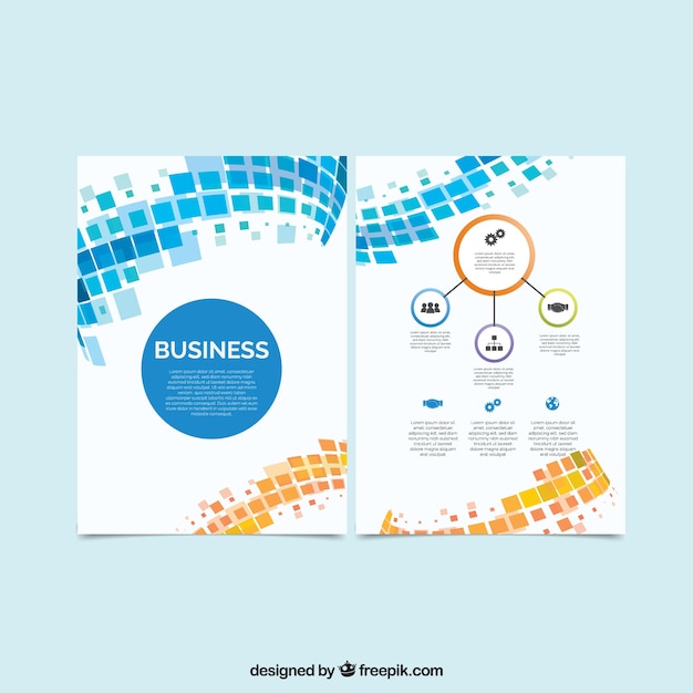 Business flyer template with blue and orange\
shapes