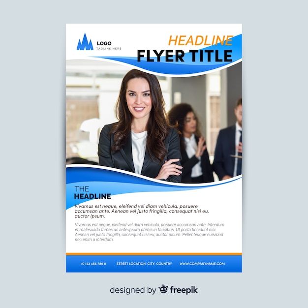 Business flyer template with young\
worker
