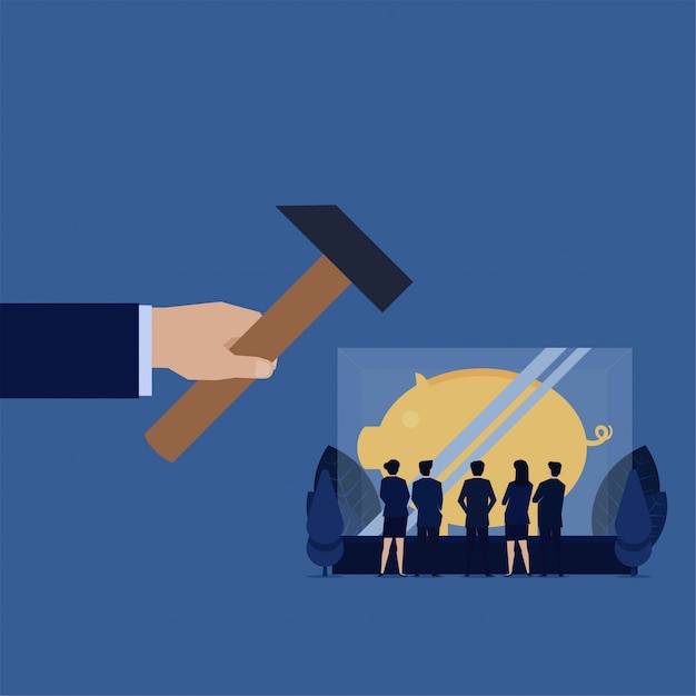 Business hand hit glass with piggy bank inside metaphor of unsafe investment saving. Premium Vector