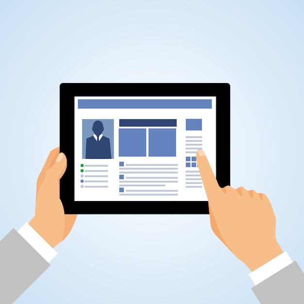 Business hand holding and using tablet computer and touching the screen concept vector illustration Free Vector