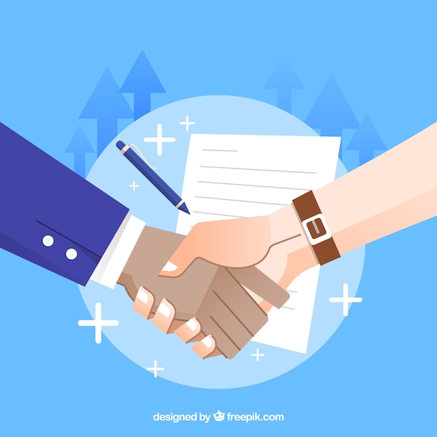 Business handshake background with contract in
flat style