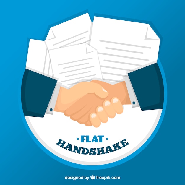 Business handshake background with contract in\
flat style