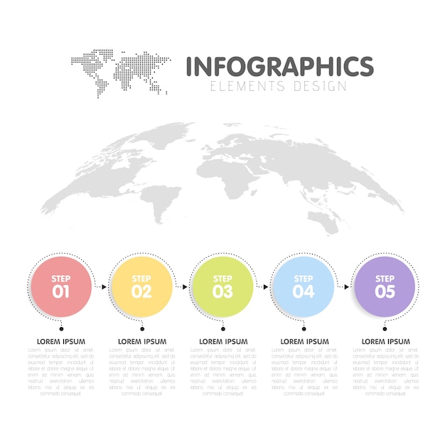 ビジネスインフォグラフィックテンプレート 5つの丸い矢印のステップ 5つの数値オプションのあるタイムライン バックグラウンドでの世界地図 プレミアムベクター