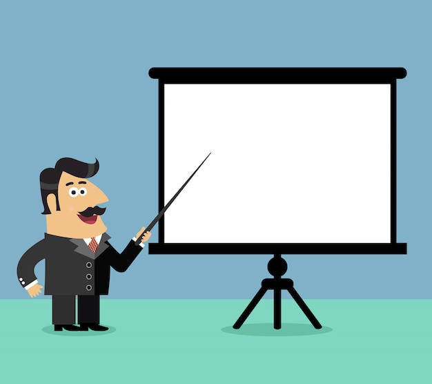 Business life shareholder boss makes a presentation pointing on blank flip chart scene vector illustration Premium Vector